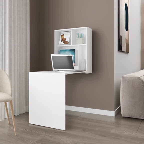 dokea White Wall-Mounted Drop-Leaf Table - 54.8" Storage Side Table
