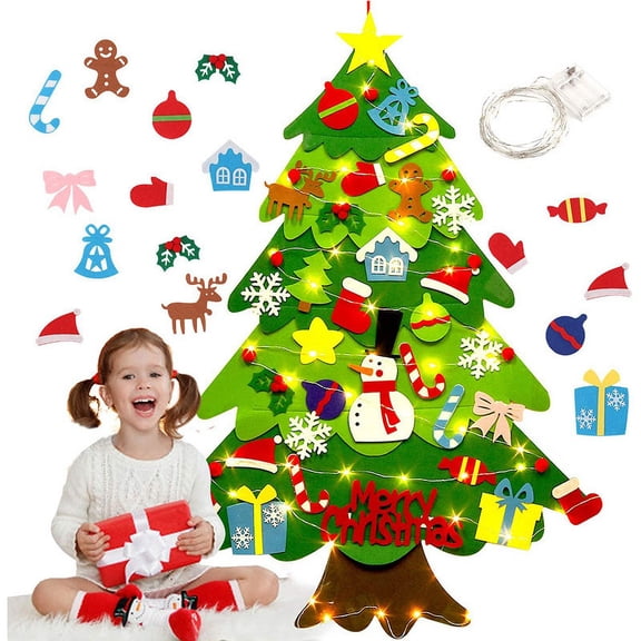 dolizu DIY Felt Christmas Tree Set with Lights 32pcs Ornament - Wall Hanging Felt Christmas Tree.
