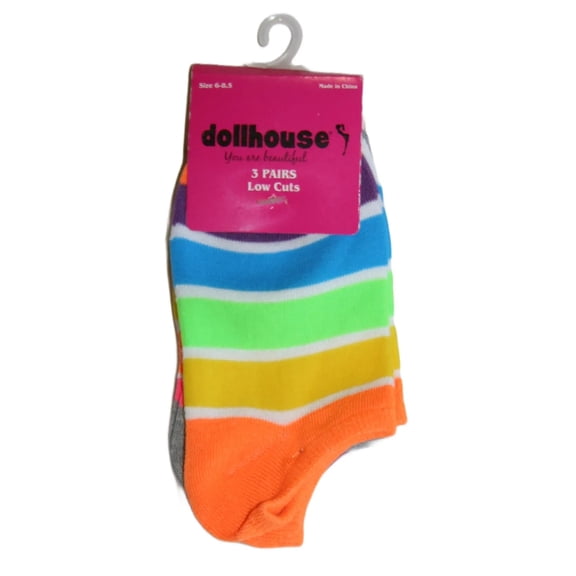 dollhouse 3 Pairs Low Cut Big Girl's Socks Stripes/Kisses (Sock Size 6-8.5)