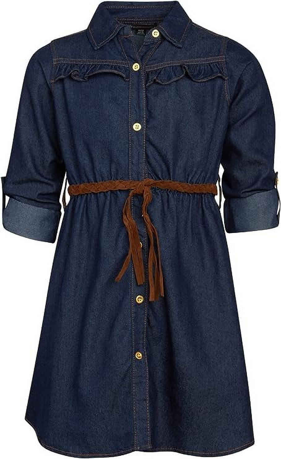 Dollhouse Girls' Denim Peasant Dress, Belted Waist, Ruffled Hem, Sizes 7-16  - Walmart.com