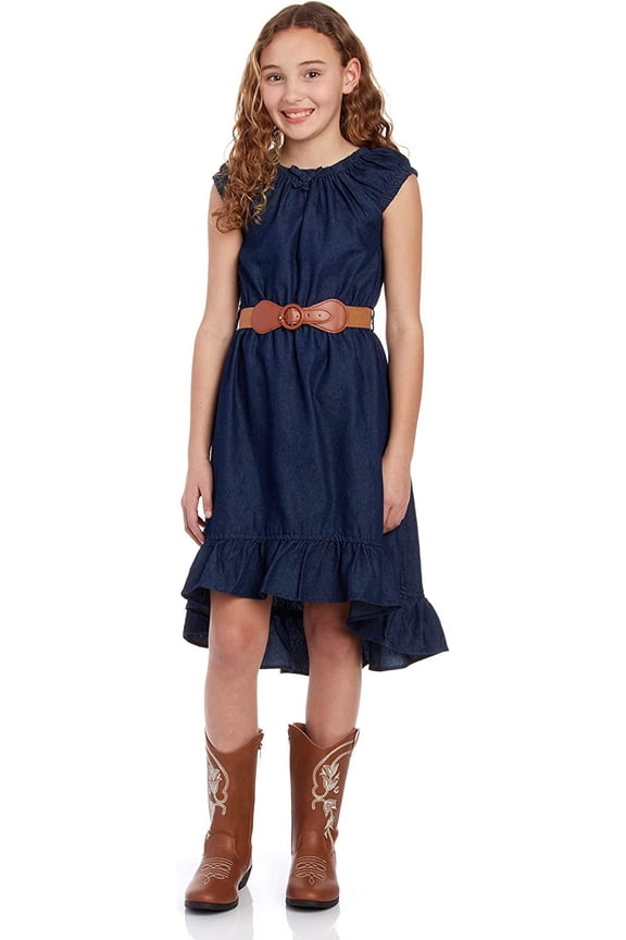 Girls' Belted Denim Peasant Dress – Classic Ruffled Hemline Design Boho Jean Dress for Girls (Sizes 7-16)