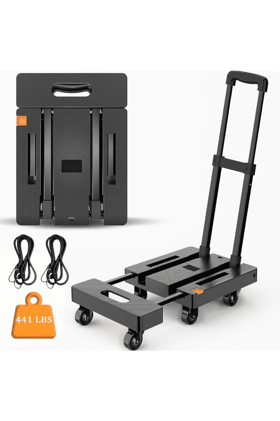 Folding Hand Truck, Portable Heavy Duty Dolly Cart, 6 Wheels Collapsible Luggage Cart with 2 Elastic Rope, for Moving, Travel, House, Office, Shopping, Black