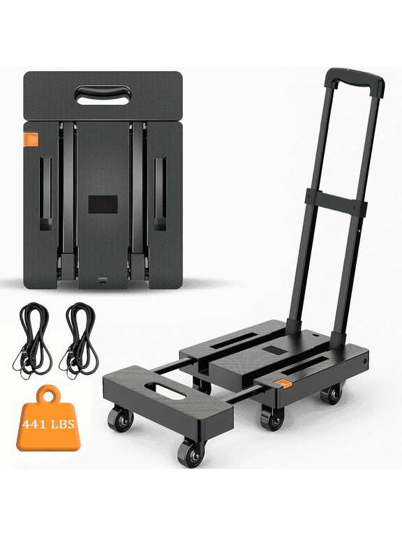Folding Hand Truck, 6 Wheels Portable Dolly Cart, Lightweight Luggage Cart with 2 Elastic Rope, for Moving, Travel, House, Office, Shopping, Black
