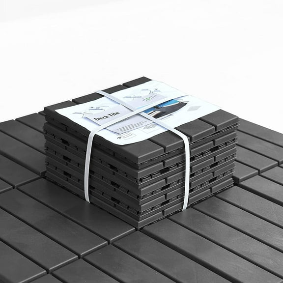 Domi Outdoor Living Patio Deck Tiles, 12 x 12 inches Composite Interlocking Decking Tile, Four Slat Plastic Outdoor Flooring, 9 Pieces One Pack, Dark Grey