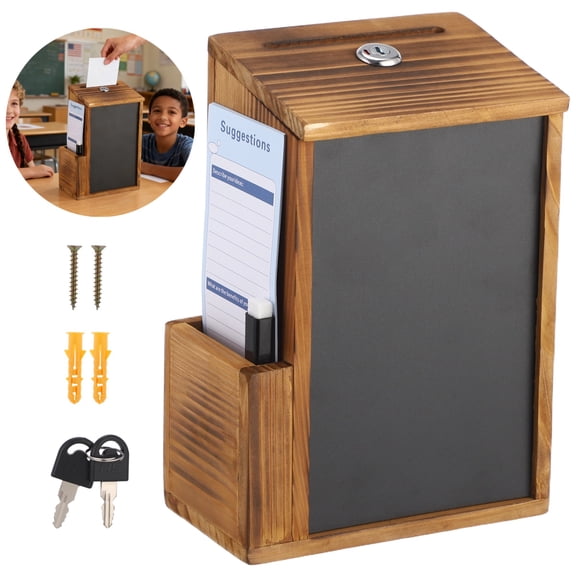 Lockable Wooden Suggestion Box, Wall-Mounted Ballot & Donation Box with Removable Chalkboard and Card Slot, Multipurpose Container for Office, Church Fundraising, Voting & Opinion Collection