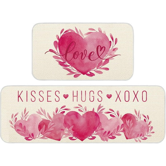 doreo 2 Pcs Valentine Day Kitchen Mats Love Heart Kitchen Rug Valentine''s Day Doormat Non-Slip Absorbent Floor Mat Seasonal Kitchen Decorative Mat 17x29 and 17x47 Inch(Cute Pattern)