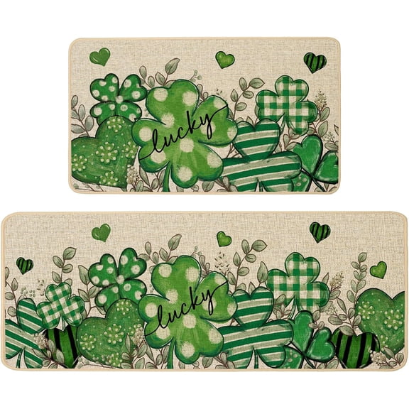 doreo St.Patrick''s Day Kitchen Mats Set of 2, Hello Lucky Green Shamrock Clover Eucalyptus Kitchen Rugs Non Slip Low-Profile Washable for Floor Anniversary Wedding Home Decor 17x29 and 17x47 Inch
