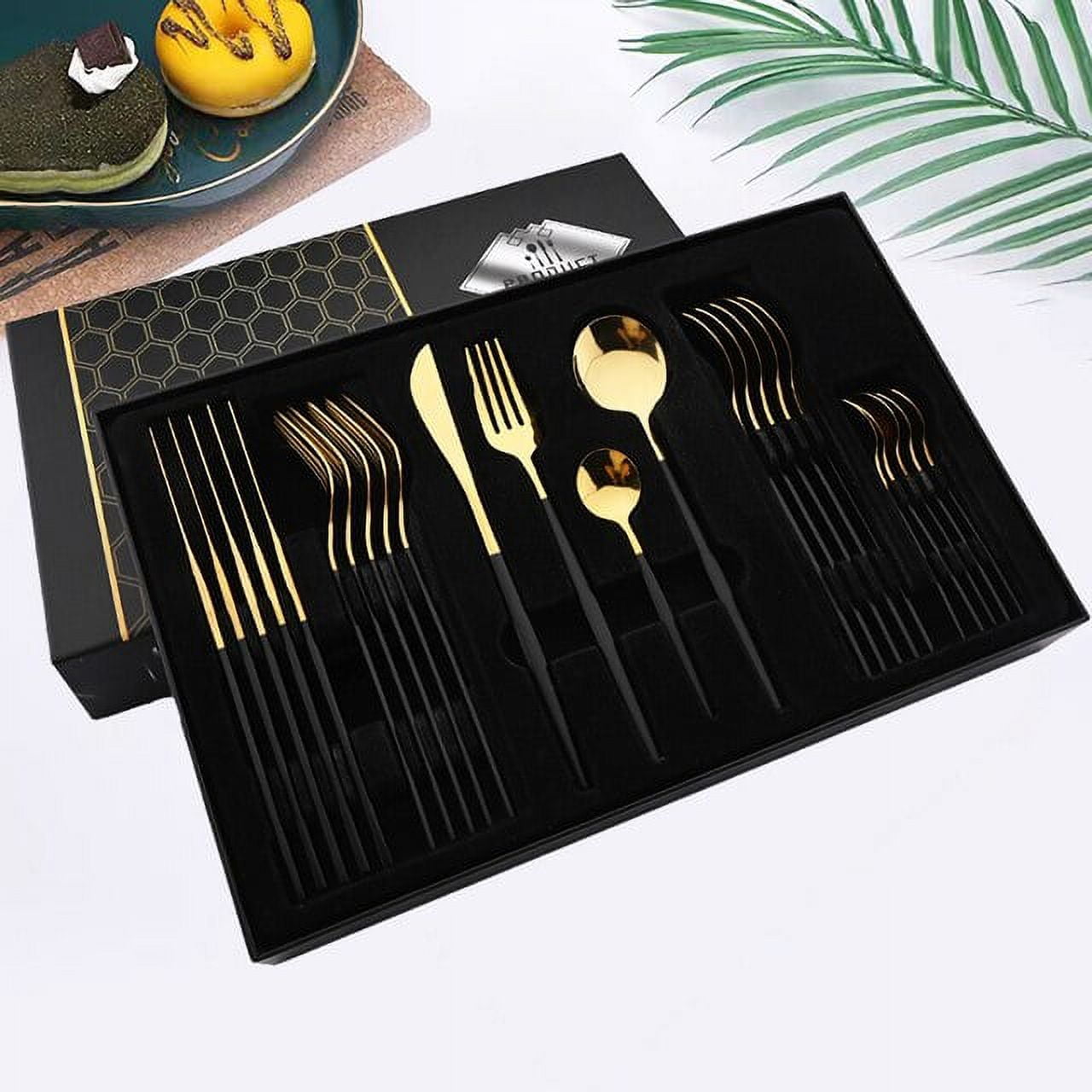 dosili 24Pcs Mirror Black Dinnerware Set Stainless Steel Tableware Set