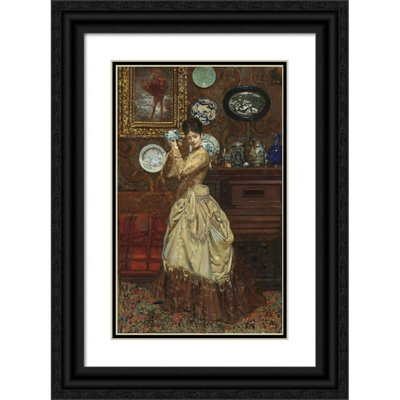Édouard Frédéric Wilhelm Richter 13x18 Black Ornate Wood Framed Double Matted Museum Art Print Titled - Admiring the Porcelain (1885)