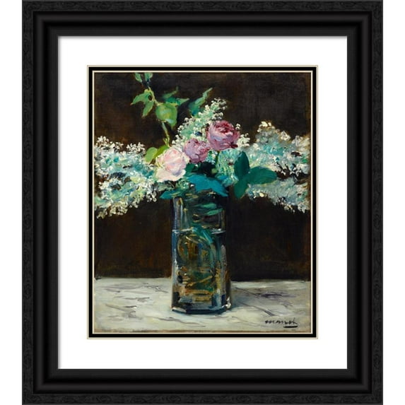 Édouard Manet 12x14 Black Ornate Wood Framed Double Matted Museum Art Print Titled: Vase of White Lilacs and Roses (1883)