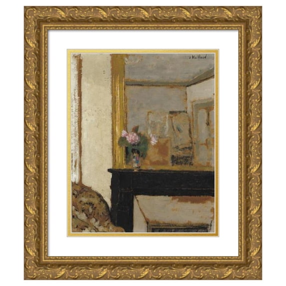 Édouard Vuillard 15x18 Gold Ornate Wood Frame and Double Matted Museum Art Print Titled - Vase of Flowers on a Mantelpiece (C. 1900)