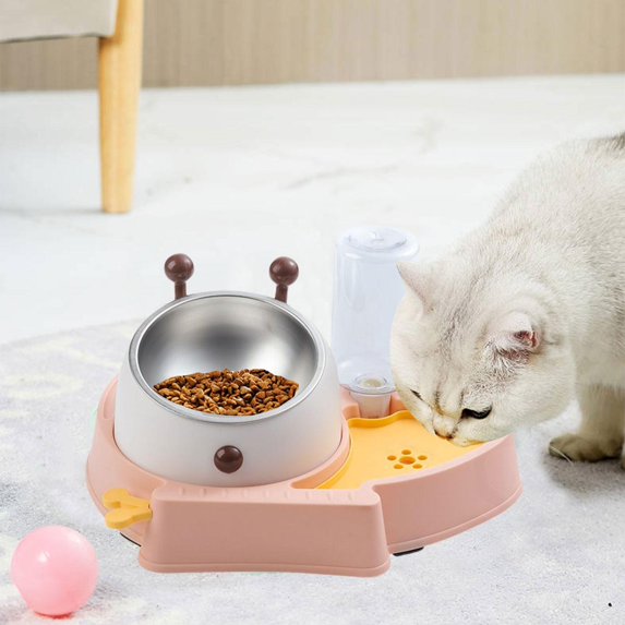 double puppy Cat Bowls - Pets Water Food Bowl Set, Tilted Water and Food Bowl Set with Automatic Waterer Bottle for Small Medium Large dogs and cats Pink