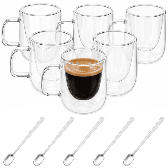 6 Pack Double Wall Glass Coffee Mugs, Stainless Steel Spoons,12 Oz|Transparent Double-Layer Design, Comfortable Handle, 3.3x4.3 in for Espresso, Cappuccino, Latte, Americano, Tea