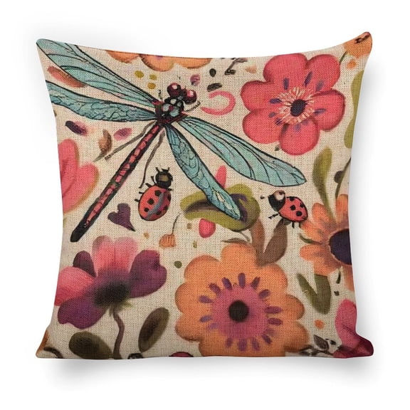 dragonfly flowers ladybug Linen toss pillowcase decoration pillowcase gifting preferred 18x18 inch cushion cover sofa pillowcase sofa bedroom living room car