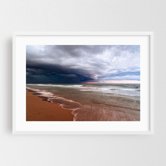 A dramatic storm front looms over the tranquil ocean, contrasting nature's calm and powerful forces. - Valencia Valencian Community Spain Photography White Framed Wall Art Print 5 x 7 inches