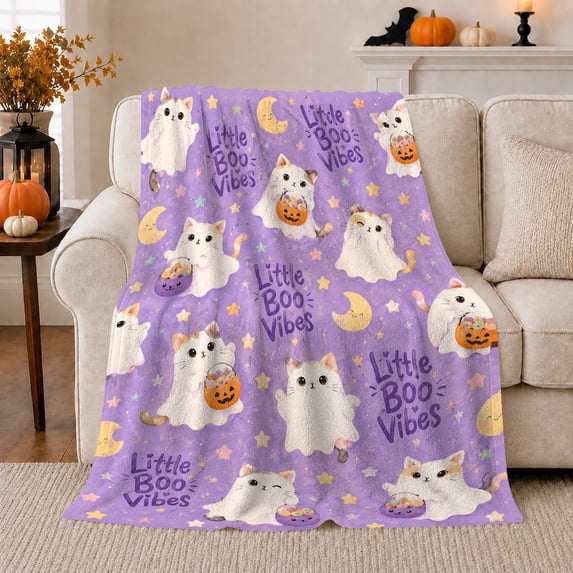draped fantasy figure Costume Cats With Pumpkin confection illustrations Buckets, Soft Flannel Blanket, Pastel autumn celebration Cartoon Home Decor for Bedroom and Living Room, Housewarming Gift