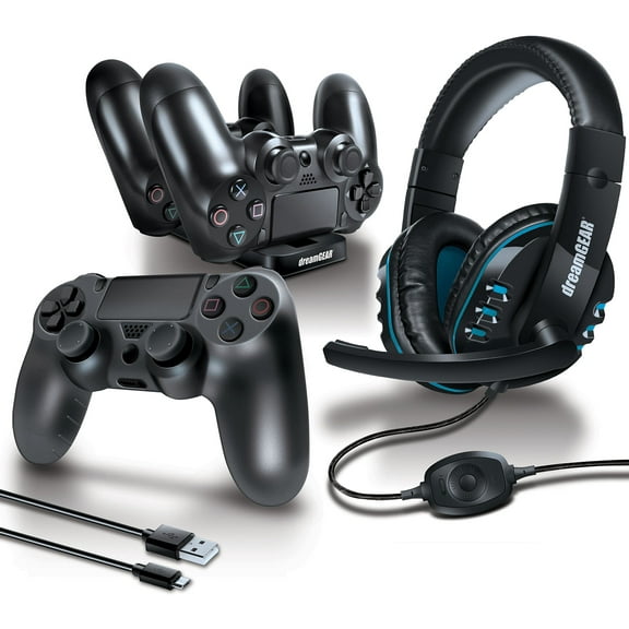 dreamGEAR PlayStation 4 Advanced Gamer's Starter Kit - Headset, Charging Dock, USB Charge Cable, Controller Cover & Joystick Caps for PS4 (Controllers are not included)