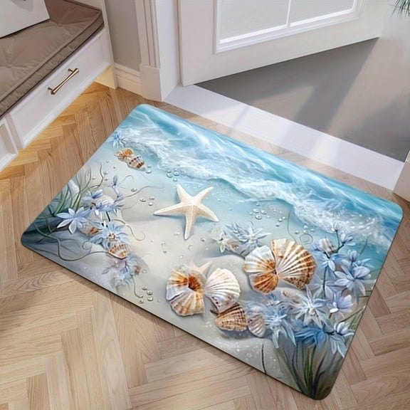This dreamy blue beach-patterned rug, adorned with flowers, starfish, and seashells, is made of flannel. Perfect for outdoor porches, kitchens, living rooms, bathrooms, or offices.