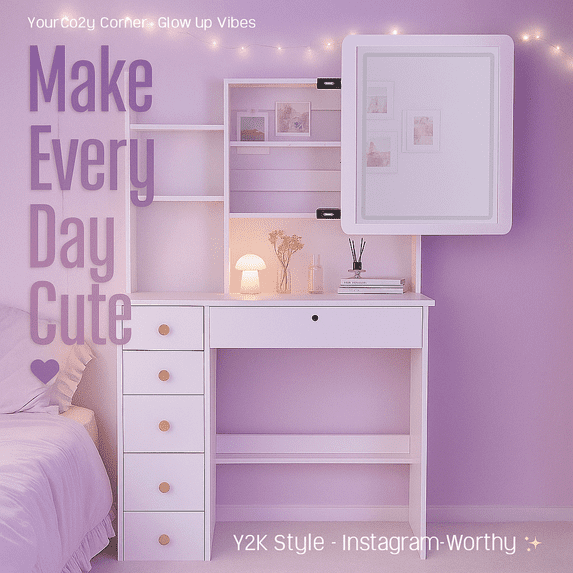 A dressing table with a sliding LED lighting mirror, accompanied by a bench, a dressing table with 5 drawers and 3 shelves, a modern-style wooden makeup table - the best Christmas gift for your wife