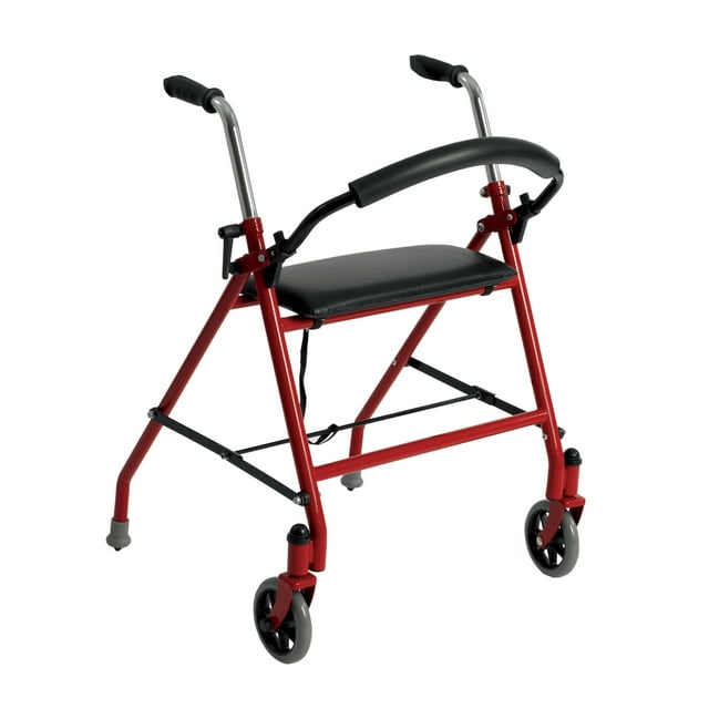drive Aluminum Red Dual Release Folding Walker with Wheels and Seat