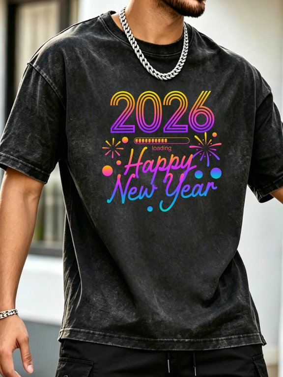 drop shoulder street fashion black washed short sleeve t shirt 2026 fireworks colorful gradient font graphic retro aesthetic urban casual for eve party celebrati