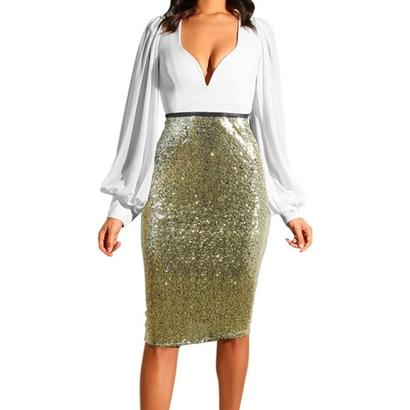 drpgunly Sequin Skirt Skirts For Women Midi Skirt Solid Color Sequins Fashion High Waist Slim Hip Casual Half Body Skirt Plus Size Skirt Womens Fashion Gold A