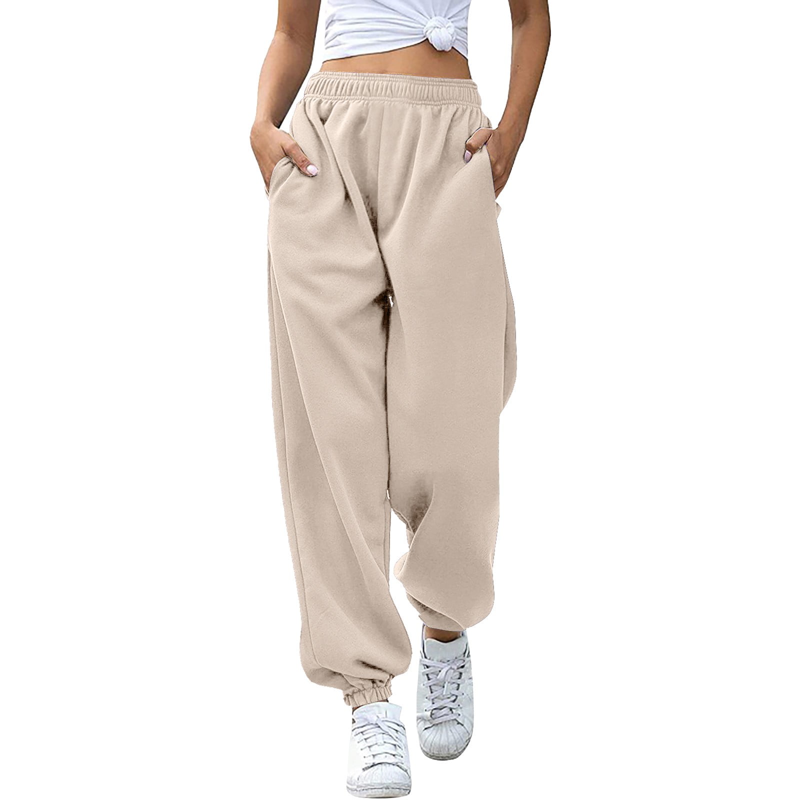 drpgunly Womens Pants Bottom Sweatpants No Drawstring Joggers Pants Workout High Waisted Yoga Pants With Pockets Beige XXL