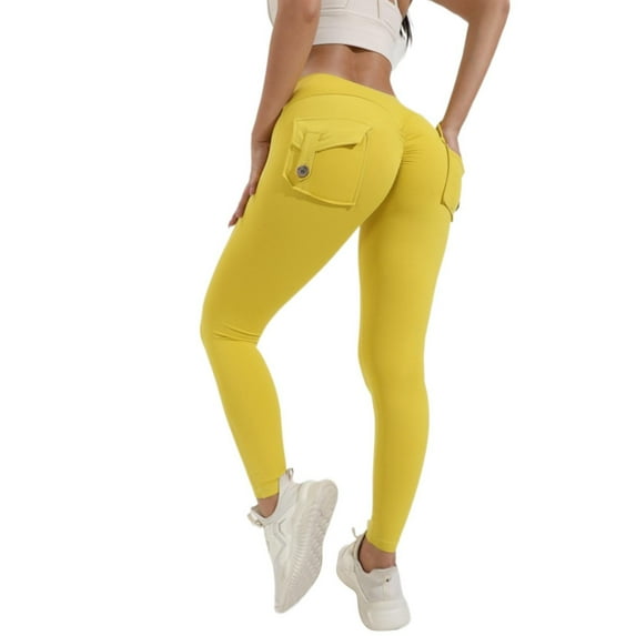 drpgunly Womens Pants Butt Lifting with Pockets for Stretch Cargo High Waist Workout Running Compression Leggings for Women Seamless Leggings for Women ,Yellow XL