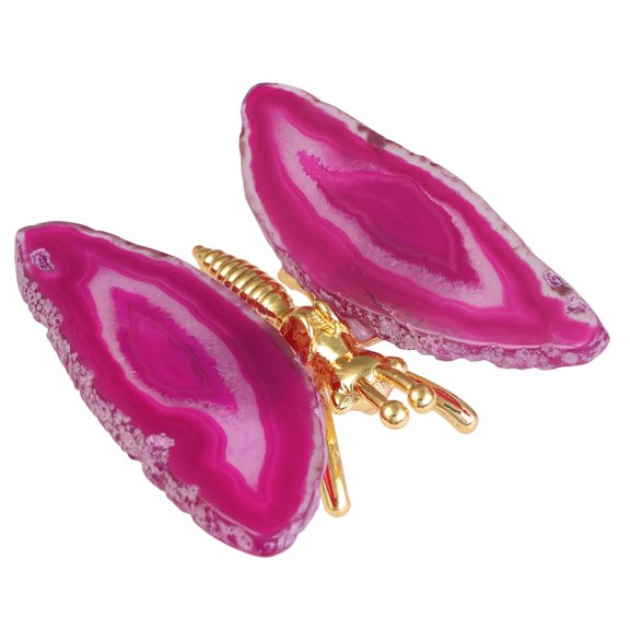 dssmboom Pack of 2 Geode Agate Slice Butterfly Figurine for Desktop Decor, Golden Butterfly with Fuchsia Agate Slice Wings for Collection or Display Y101