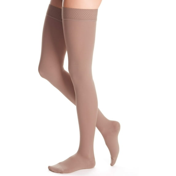 duomed Advantage Soft Opaque 20-30 mmHg Thigh High Closed Toe w/Top Band Compression Stockings, Beige, Small, Standard