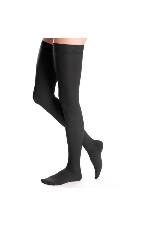 duomed Advantage Soft Opaque 15-20 mmHg Thigh High Closed Toe w/Top Band Compression Stockings, Black, X-Large, Standard