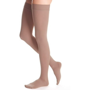 duomed Advantage Soft Opaque 20-30 mmHg Thigh High Closed Toe w/Top Band Compression Stockings, Beige, Large, Petite