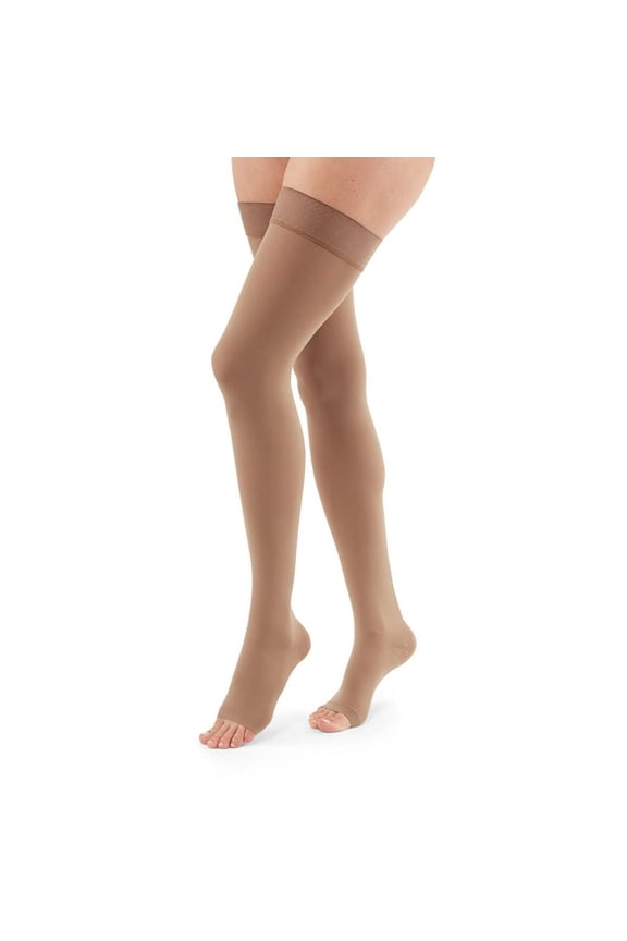 duomed Advantage Soft Opaque 20-30 mmHg Thigh High Open Toe w/Top Band Compression Stockings, Almond, Medium, Petite