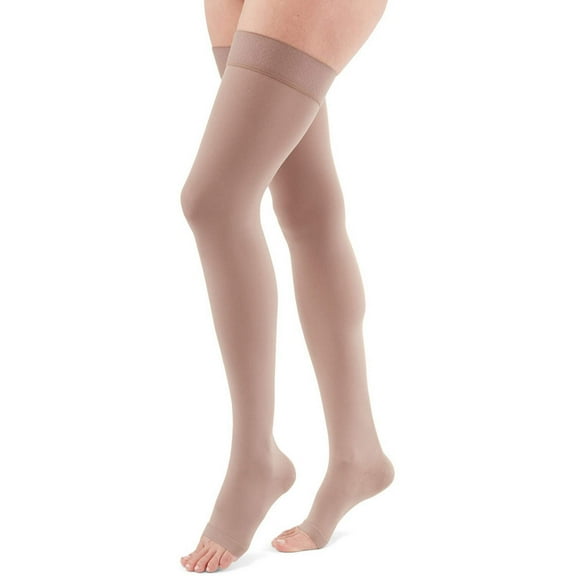 duomed Advantage Soft Opaque 20-30 mmHg Thigh High Open Toe w/Top Band Compression Stockings, Beige, Small, Petite