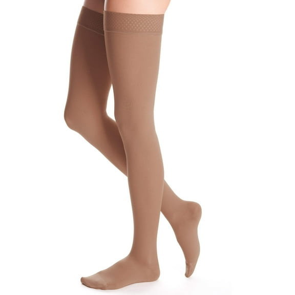 duomed Advantage Soft Opaque 30-40 mmHg Thigh High Closed Toe w/Top Band Compression Stockings, Almond, Medium, Standard