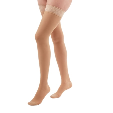 duomed Transparent Sheer 20-30 mmHg Thigh High Closed Toe w/Top Band Compression Stockings, Nude, Small, Petite