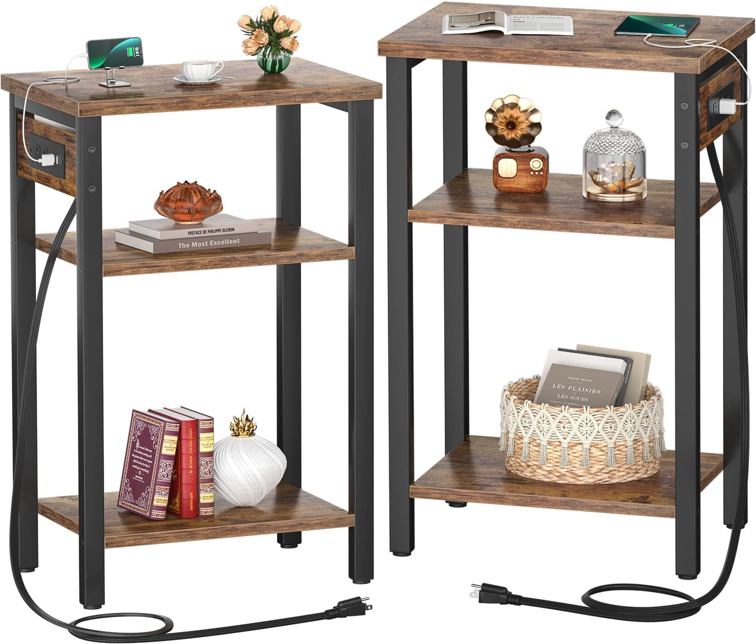 durable End Table Set of 2 with Charging Station 3 Tier Small