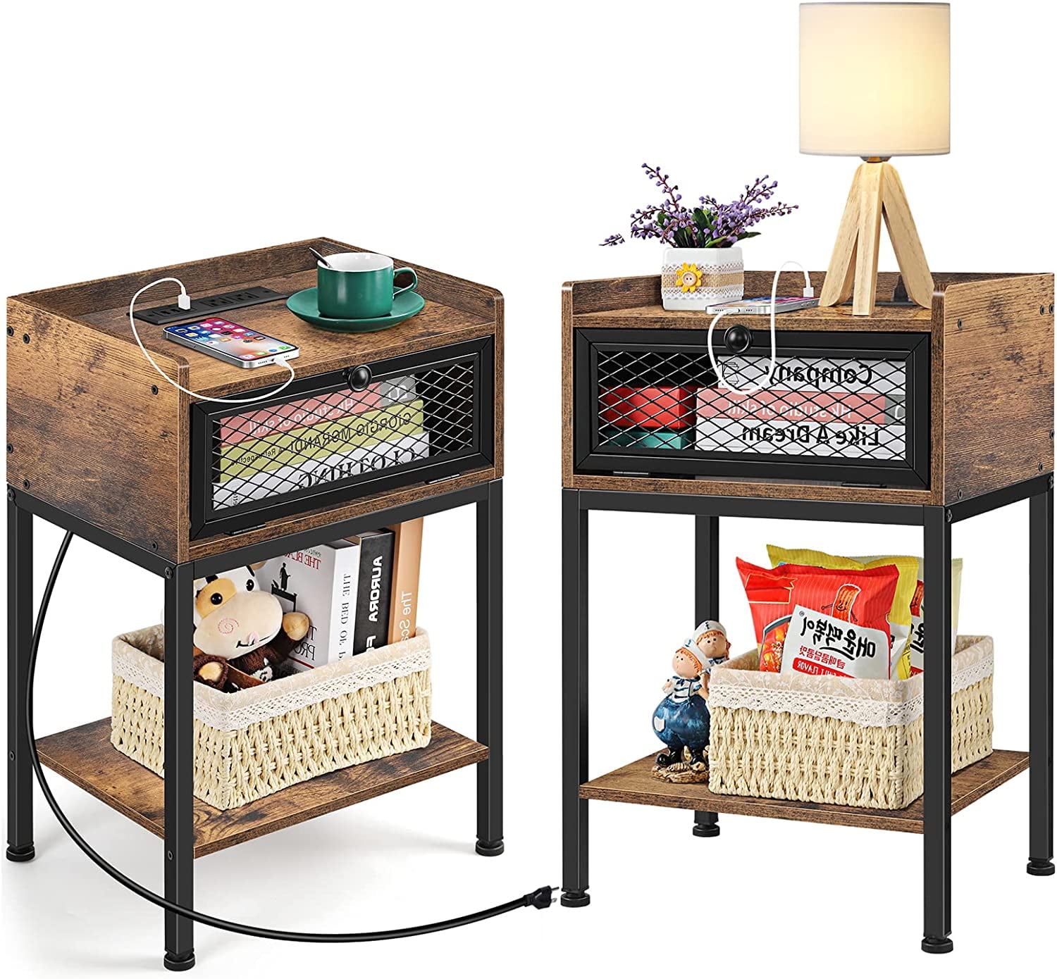 durable Nightstands End Tables with Charging Station and USB Ports