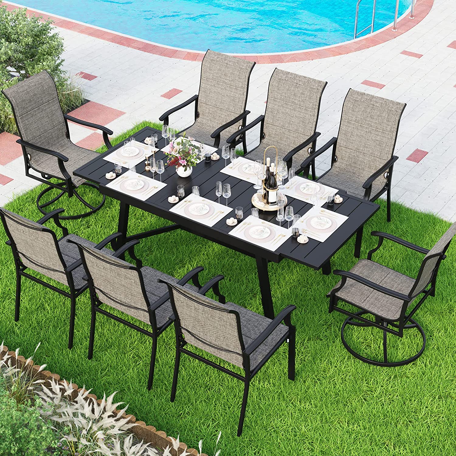 durable Patio Dining Set for 6 Rectangular Expandable Black Metal Table
