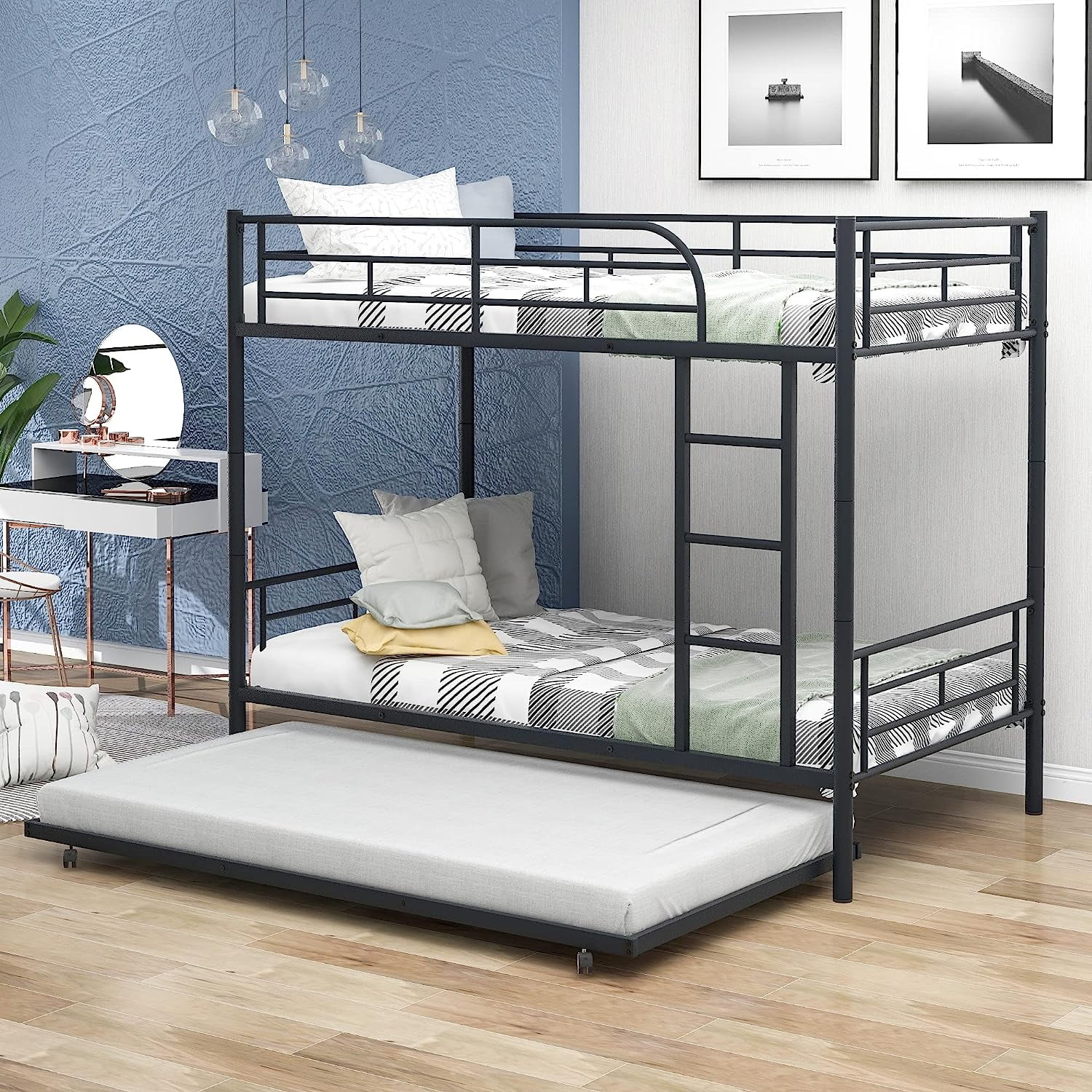 durable Twin Over Twin Bunk Bed Frame with Trundle Metal Bunkbed with ...