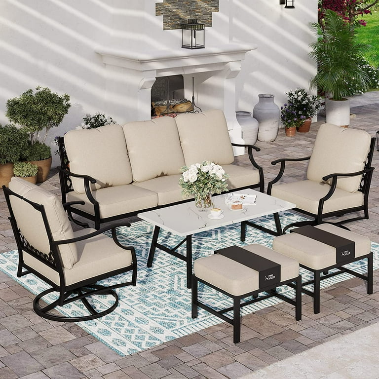durable VALLEY Patio Conversation Set 4 PCS Outdoor Furniture Set Metal Sofa Set Rocking Swvel Chair with Thick Upgrade Cushion and Coffee Table Beige u2026 Walmart
