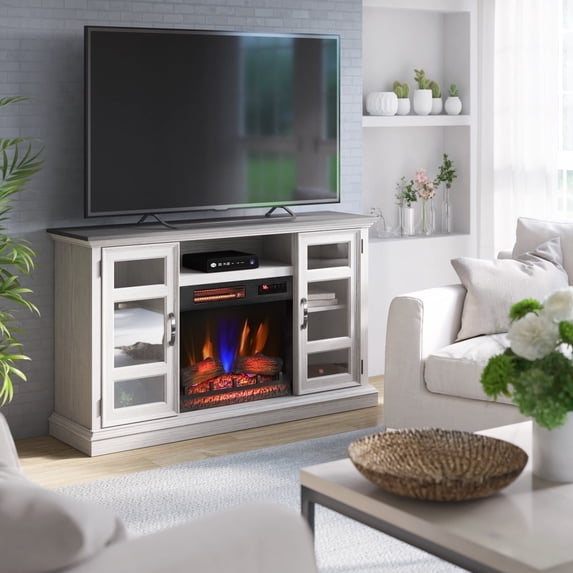 duraflame® Electric Fireplace Entertainment Center with Glass Cabinet Storage, Blanco Oak