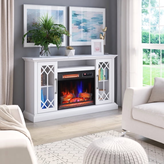 duraflame® Electric Fireplace Farmhouse Media Console for 65 Inch TVs with Glass Doors, Bright White