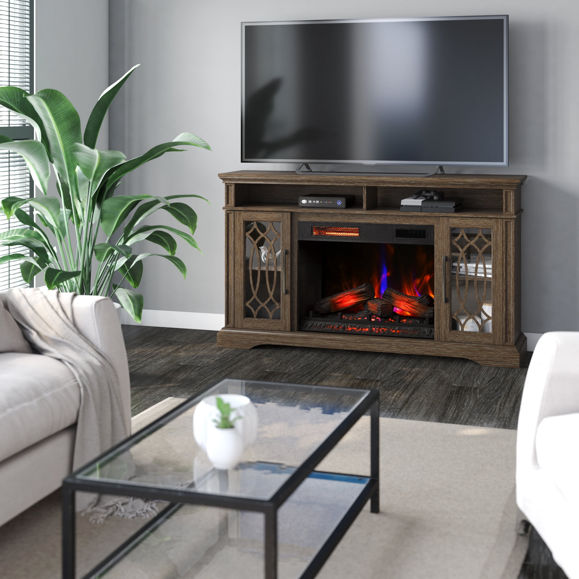 duraflame® Electric Fireplace TV Stand, Farmhouse Entertainment Center with Storage and Infrared Heater, Laurel Oak