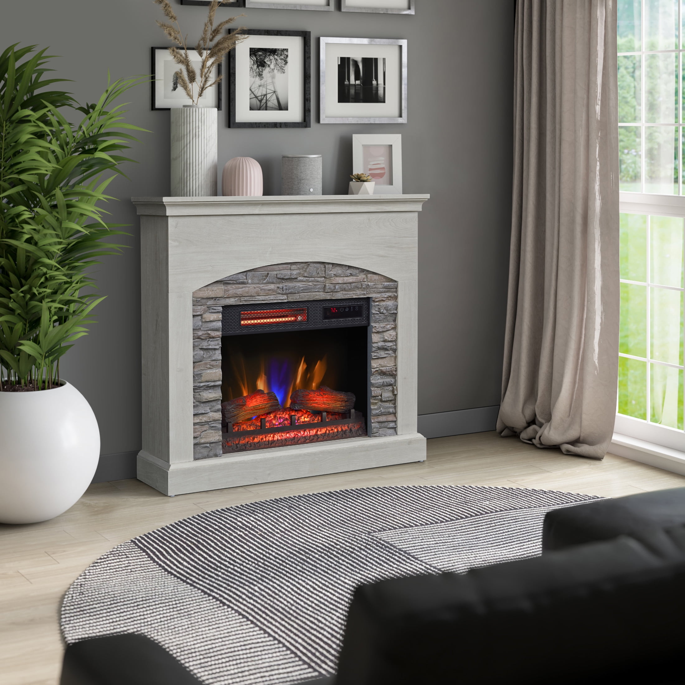 Fairfax Oak Freestanding Electric Fireplace with Stone Surround