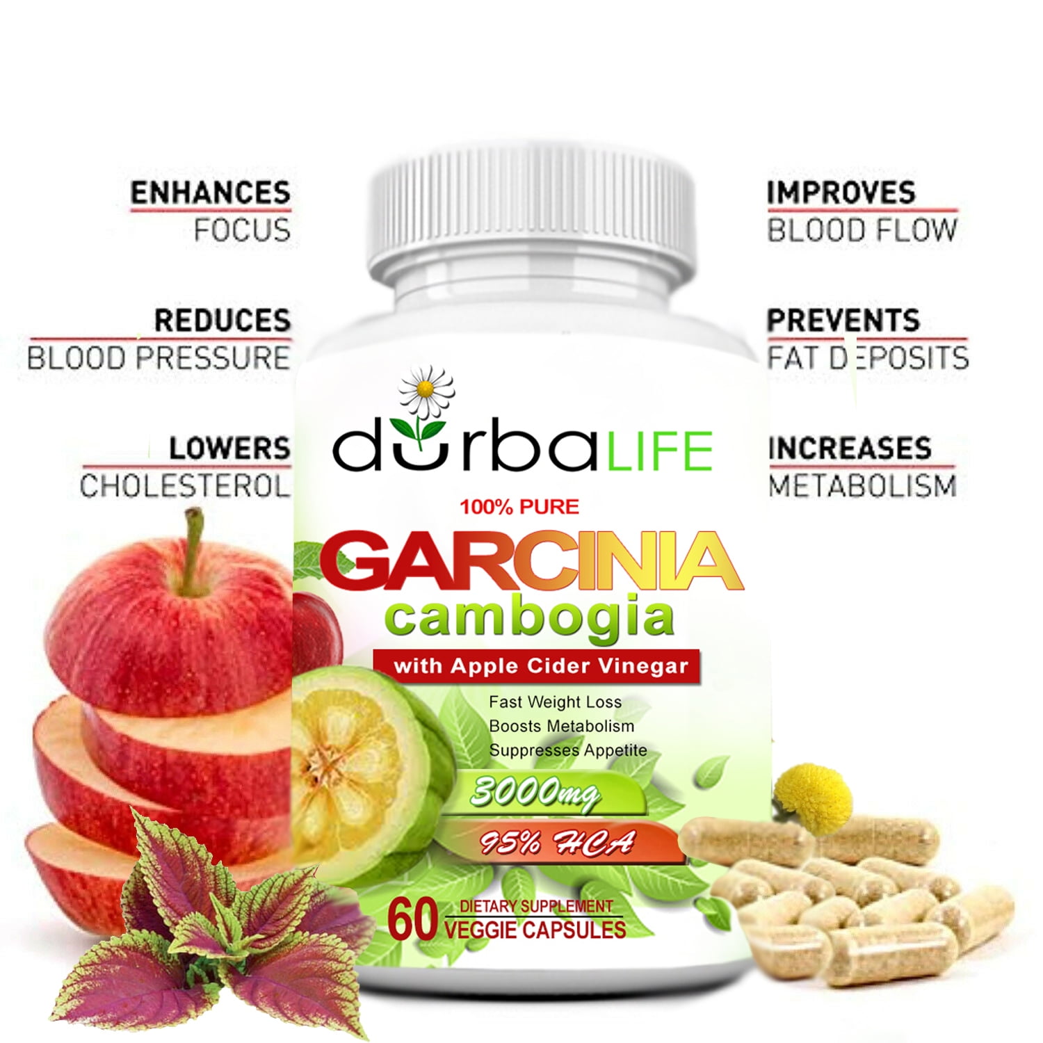 durbaLIFE Garcinia Cambogia 95% HCA + Apple Cider Vinegar 3000mg 60 Pink Capsules Suppress Appetite