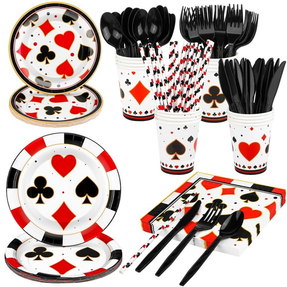 durony 147 Pieces Casino Theme Party Supplies Tableware Set, Includes Plates, Napkins, Cups, Staws, and Cutlery for Las Vegas Game Night Poker Theme Party Decorations Serves 16 Guests C113