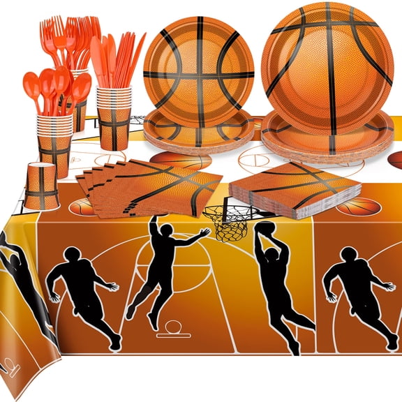 durony 169 Pieces Basketball Party Supplies Basketball Themed Party Pack Including Paper Plates, Cups, Napkins, Spoons, Forks, Knives, Tablecloth for Basketball Themed Party, Serves 24 Guests