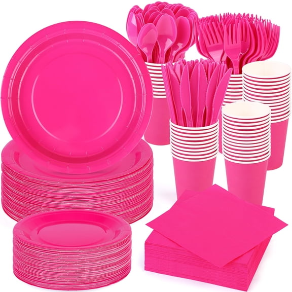 durony 350 Pieces Hot Pink Paper Dinnerware Set Inch 9 Inch Disposable Dinner Plates Serve 50 Guests Paper Cup Cutlery Napkins Solid Color Party Supplies for Birthday Wedding Party Family Picnic Y201