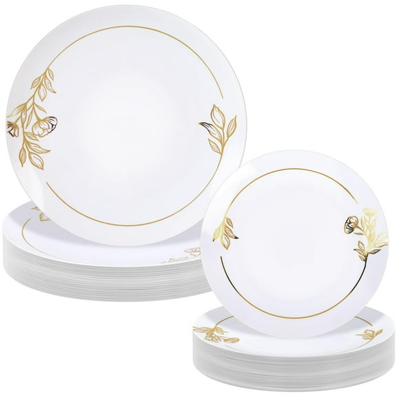 durony 72 Pieces White and Gold AFN1Floral Plastic Disposable Plastic Plate Dinnerware Set Include 36 Pieces 10.25 Inch and 36 Pieces 7.5 Inch Plate Heavy Duty Fancy Party Plate for Wedding